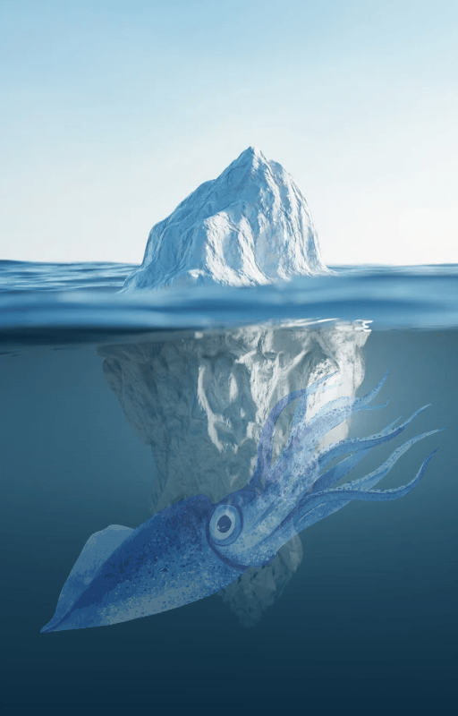 This image is a work in Canva reminiscent of the Netflix series Below about an unleashed giant North Atlantic squid unleashed after climate warming thaws sea-ice. Picture has an ice-berg reflecting under the ocean with a large, ancient cephalopod.