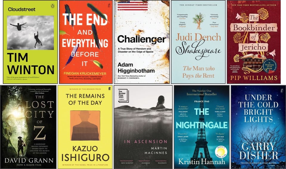 The covers of the best ten books I read during 2024: Cloudstreet, The End and Everything Before It, Challenger, Shakespeare, The Bookbinder of Jericho, The Lost City of Z, The Remains of the Day, In Ascension, The Nightingale, Under the Cold Bright Lights