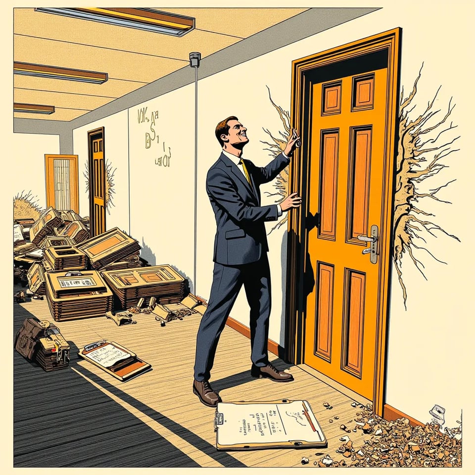 A man installing a shiny new door into a crumbling wall