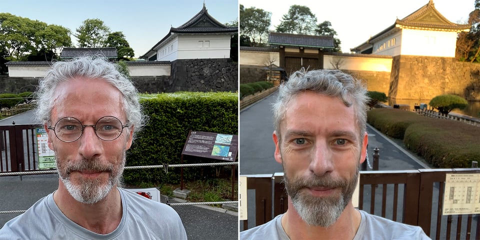 two images: side by side selfies of a white man sweating after a 5k run around the Imperial Palace grounds in Tokyo. The left is from 2026 and the right is from 2020, and you can see how he's aged.