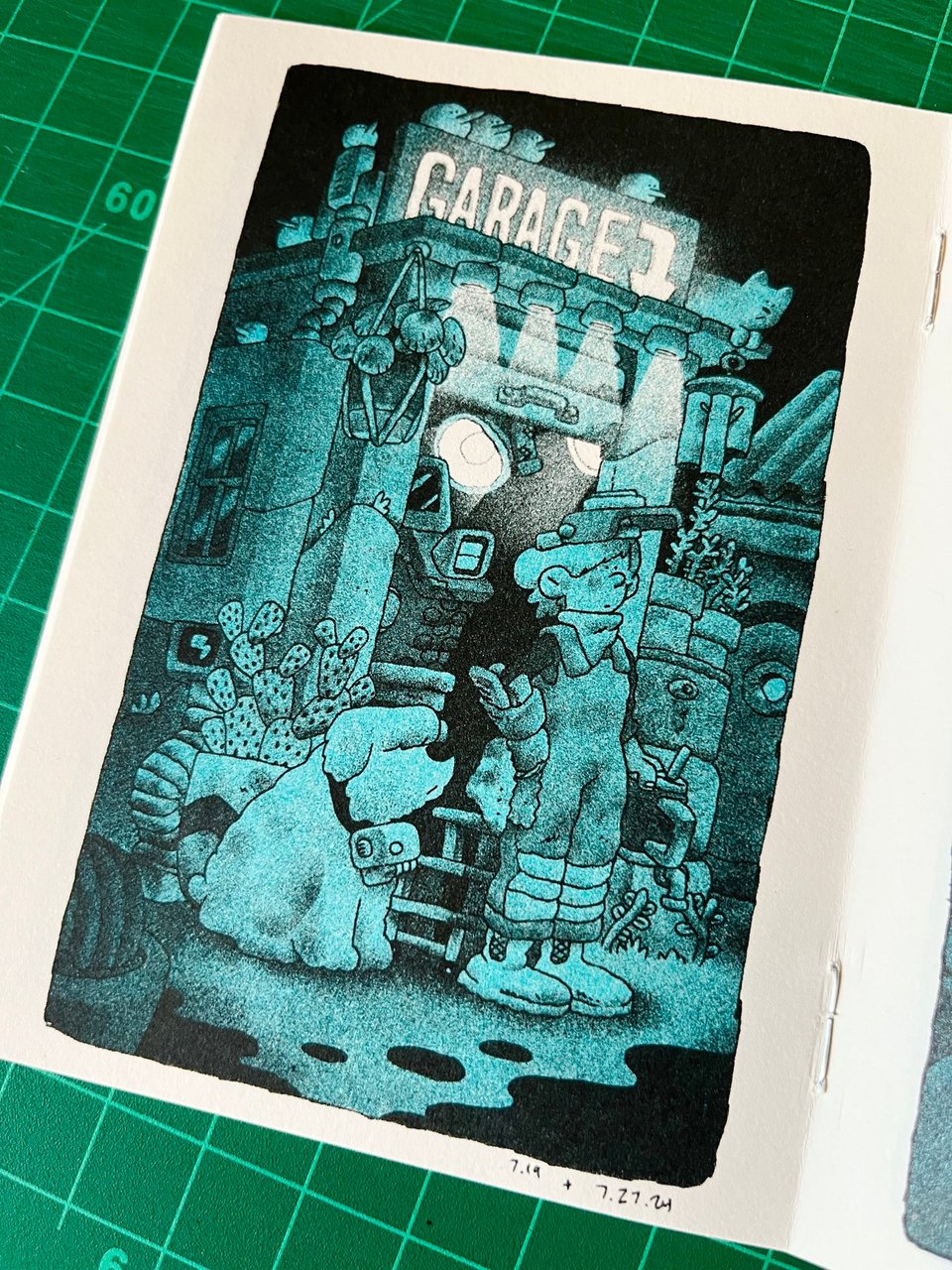 Illustration of a night time scene outside of an auto garage. The mechanic and her dog are taking a break.