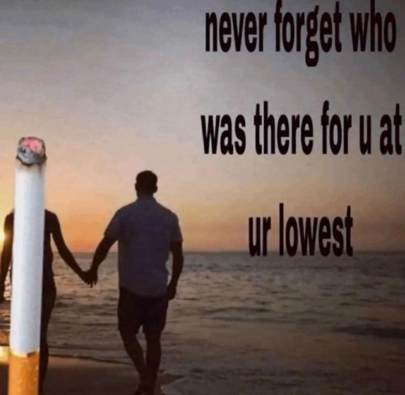 A photo of a man walking down the beach at sunset, hand in hand with another person, but that person has been badly replaced by a person-sized burning cigarette. Text reads: "never forget who was there for u at ur lowest"
