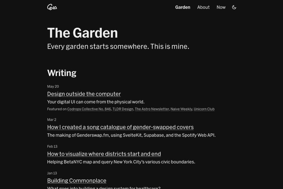 The Garden, the blog section of the site, with a few posts