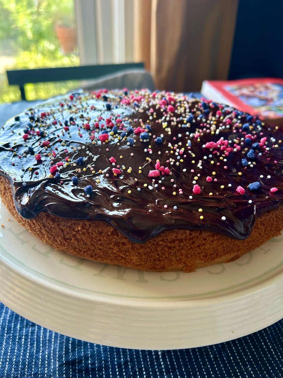 A chocolate glazed birthday cake covered in multi coloured sprinkles and crystallised flowers. Image by Rowan Ambrose