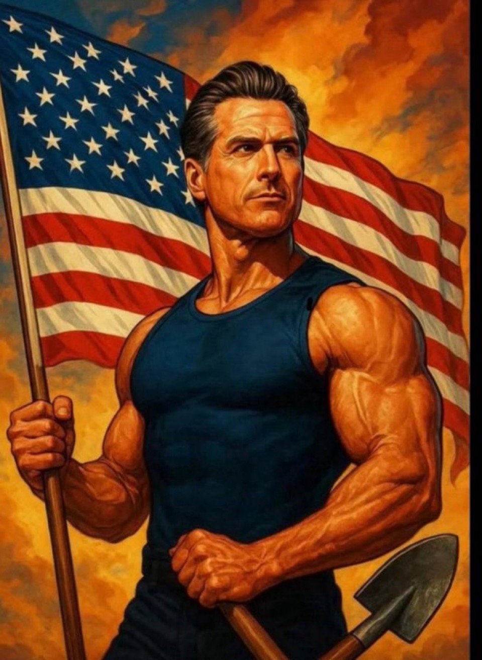 AI generated image of Gavin Newsom with bulging muscles, carrying a huge American flag and a shovel that is bent in the middle.