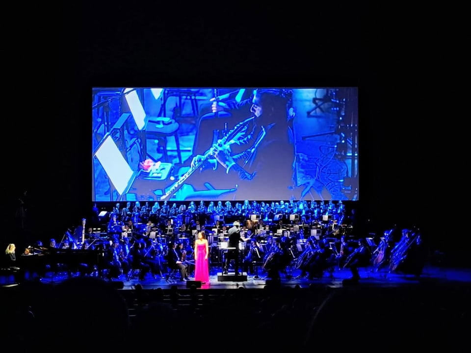 a woman in a red dress on stage in front of a large screen