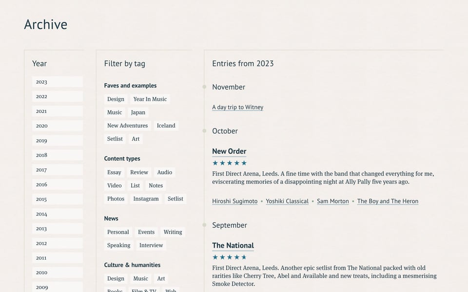 The archive with years and tags