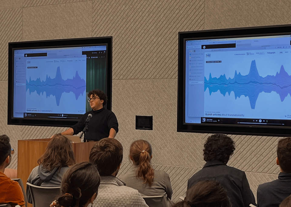 a person at a podium demonstrating a data visual project