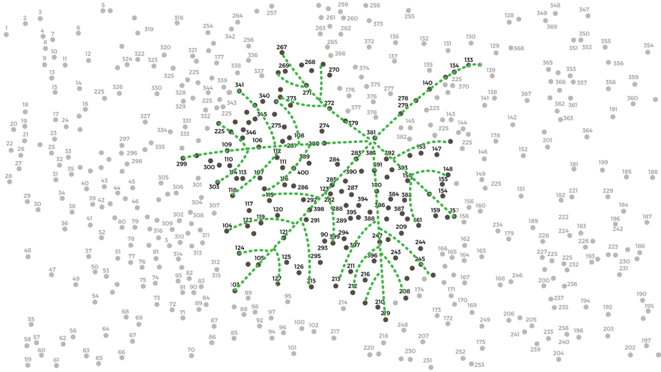 A join the dots puzzle of 400 numbered dots. Most of the dots and numbers are grey. In the centre of the image there is a cluster of dots and numbers that are rendered in black for emphasis. Some of these dots are joined by dotted green lines that are recognisable as the stalk and veins of a tree leaf.