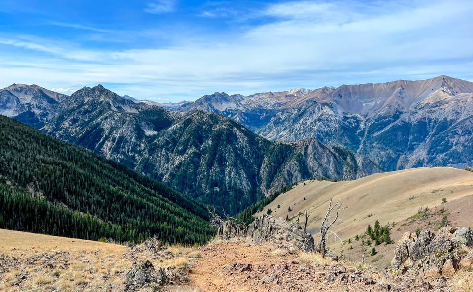 Forests and mountain peaks in the Wallowa Mountains in Northeastern Oregon