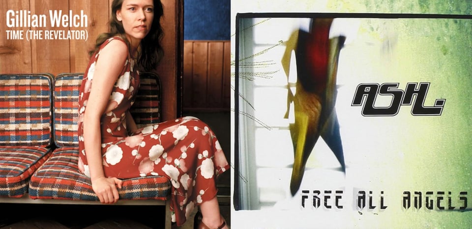 First pic: Gillian Welch, a thin white woman with long brown hair, sits on a table that have cushions on them. (They're calling this a futon in the Bluesky comments but honestly I don't think that's what this is. That looks like storage underneath the cushions.) She is in a red dress covered with white flower shapes. The cushions have a multicolored, striped, kind of plaid pattern on them. The woman looks off to the right with a slight look of puzzlement. Second pic: This is a highly abstract picture that is hard to describe, partly because I'm not sure what I'm looking at it. The base picture appears to be a photo of a window, the light blowing out the image, with a green wall visible on the right. Overlaid on top of the window is the outline of a vague humanoid form, with a head, torso, arms and legs, although it's possible I'm seeing a form where none is intended. The humanoid form acts as a frame for another picture, but it's difficult to say what it is. It looks like there is a hand resting on the corner of a yellow box-shape, but again, I'm not sure if that's really there.