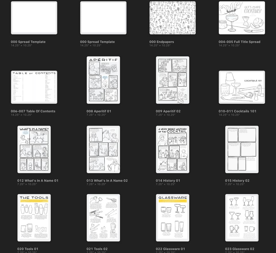 16 file thumbnails in a Procreate gallery with extremely loose sketches and panel outlines