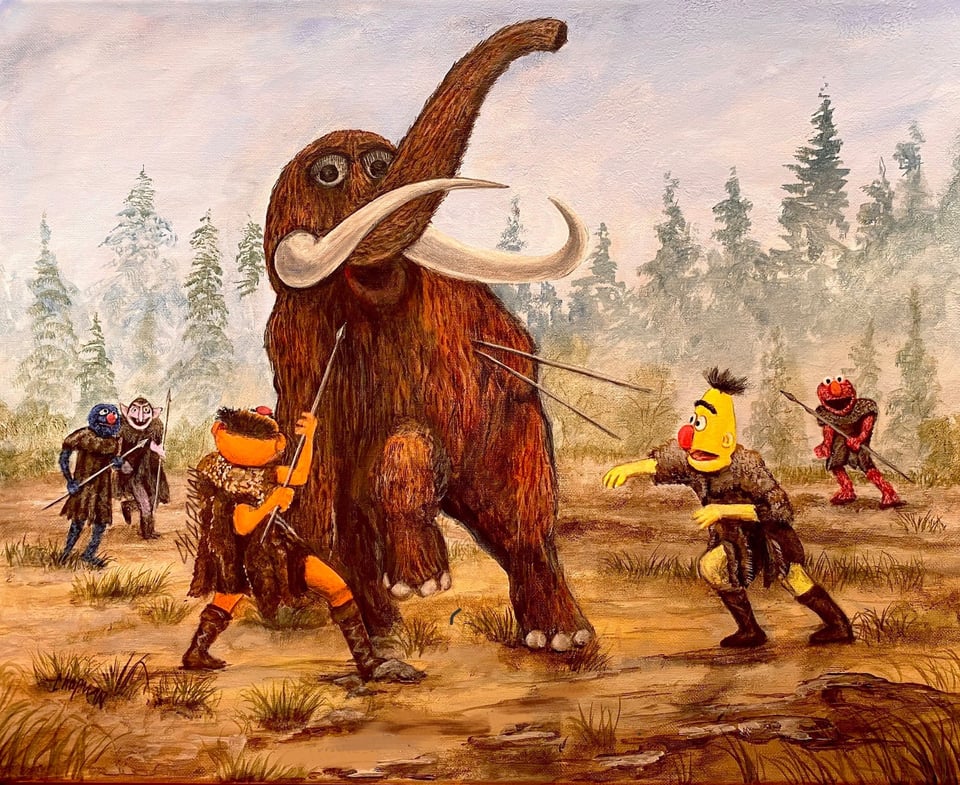 drawing of puppets fighting a mammoth