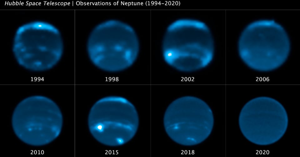 Successive images of Neptune from 1994 to 2020 showing how its clouds come and go