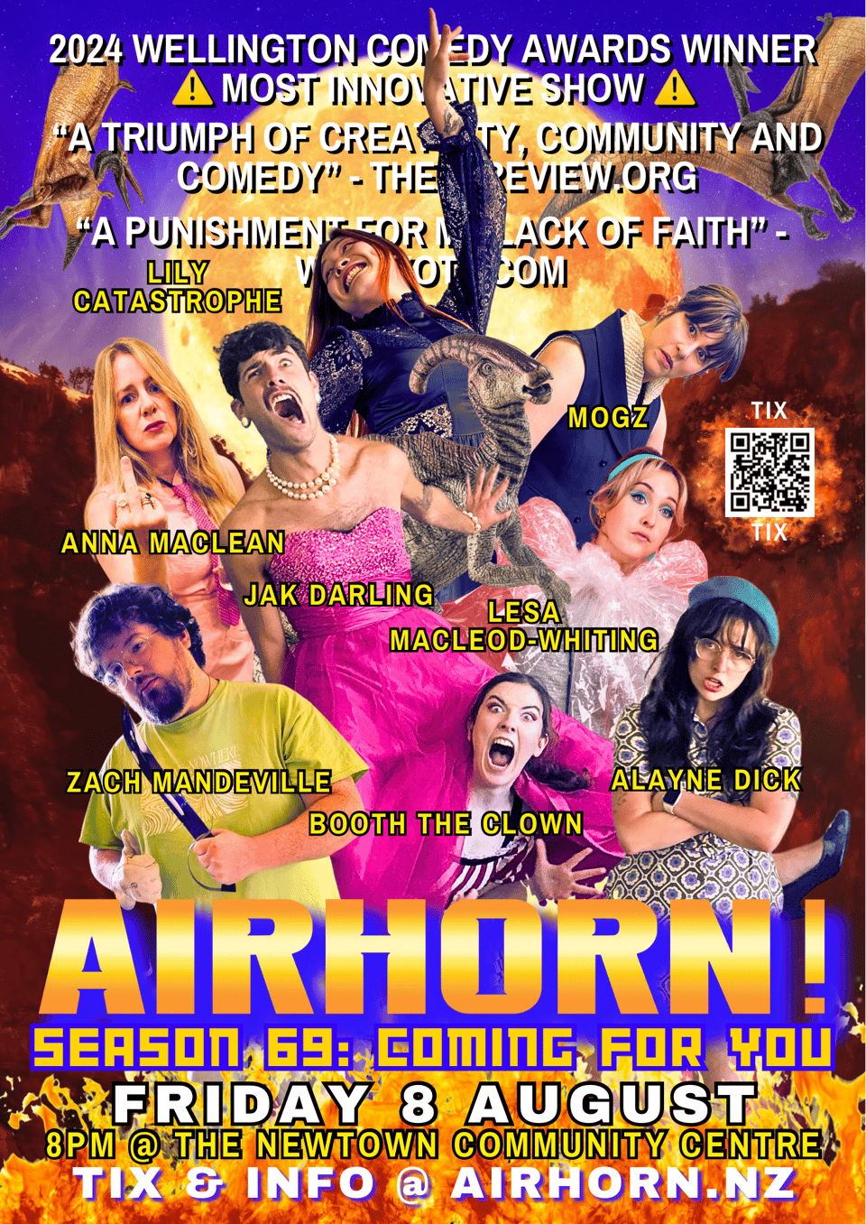 Bright poster showing all cast membrs making awesome poses in a mignola-esque centre column while a dinosaur roars between them and two pterodactyls fly above. Behind them all is an exploding volcano. It says "AIRHORN" plus the date and time (August 8th, 8pm).
