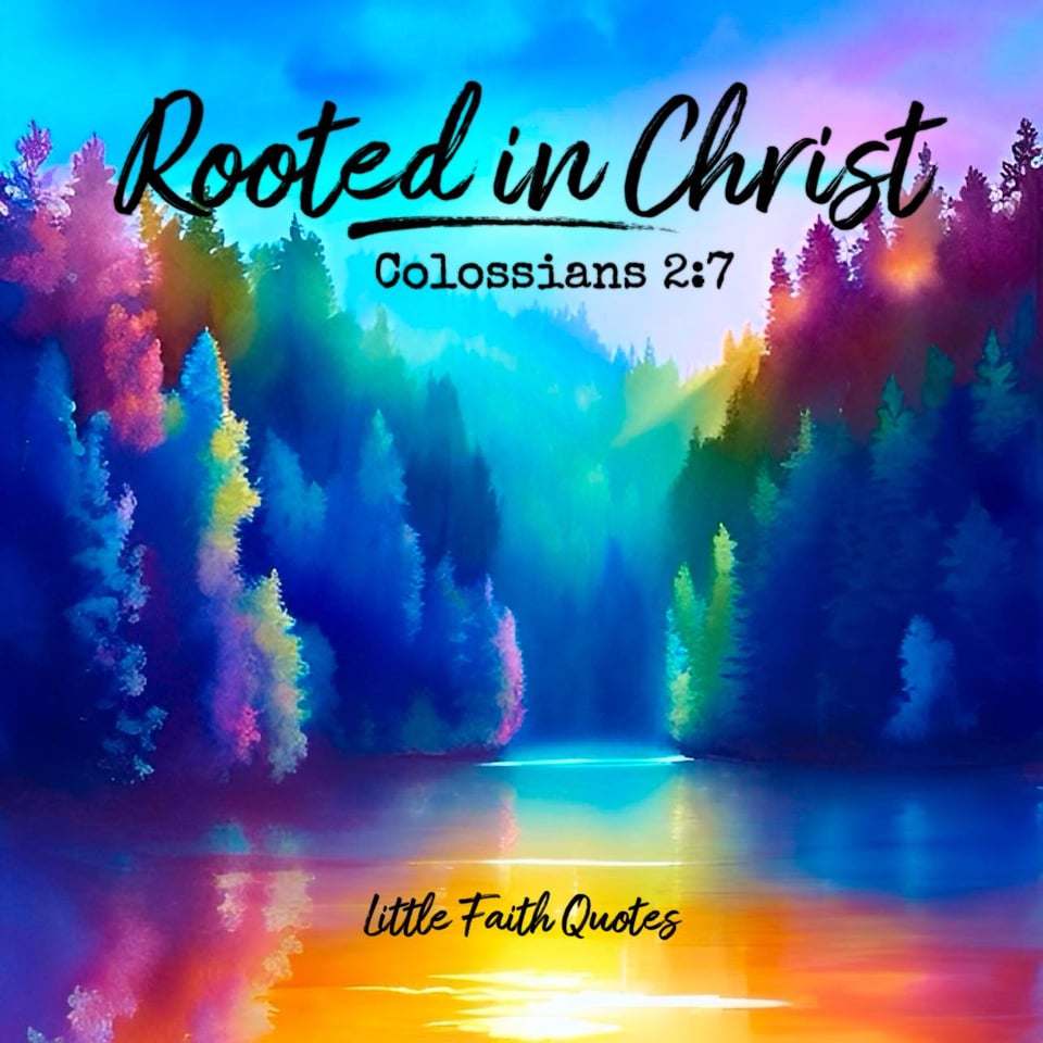 "Let your roots grow down into Him, and let your lives be built on Him. Then your faith will grow strong in the truth you were taught, and you will overflow with thankfulness." ~Colossians 2:7. Beautiful blue and green evergreen trees tower above a pond. The pond sparkles in in shades of orange and pink. Image by: @Little Faith Quotes.