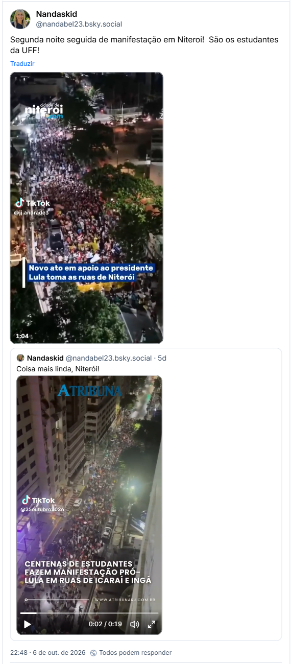 Post de Nandaskid (@nandabel23.bsky.social): Segunda noite seguida de manifestação em Niteroi!  São os estudantes da UFF!

Post contém video

Citando post da mesma @ Coisa mais linda, Niterói!

Post contém vídeo