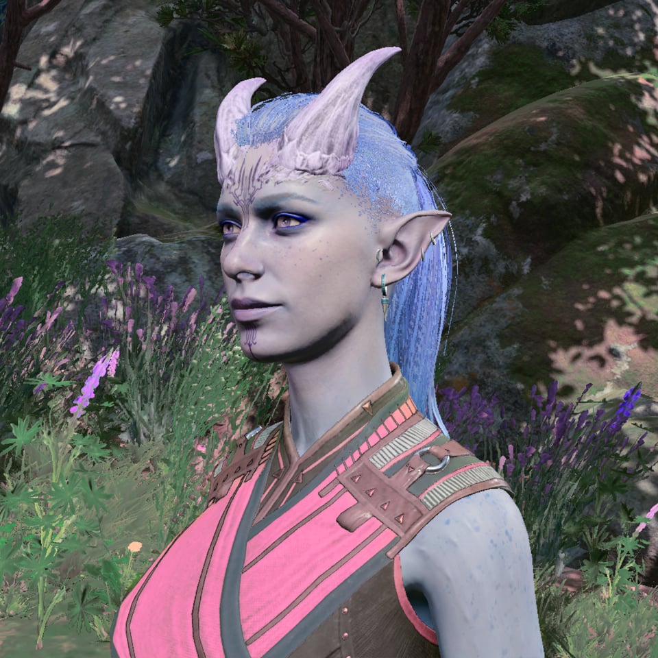 Tiefling with purple hair and skin, and pink and green monk fatigues