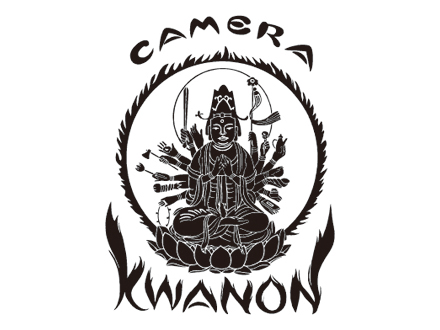 An image of the original Canon camera company logo, depicting the words "CAMERA" at top and "KWANON" at bottom, with a graphical circular depiction of the Buddhist goddess of compassion called Kwanon in Japanese. This depiction shows a woman seated in meditation posture on a lotus flower seat, with many arms holding various tools and implements.