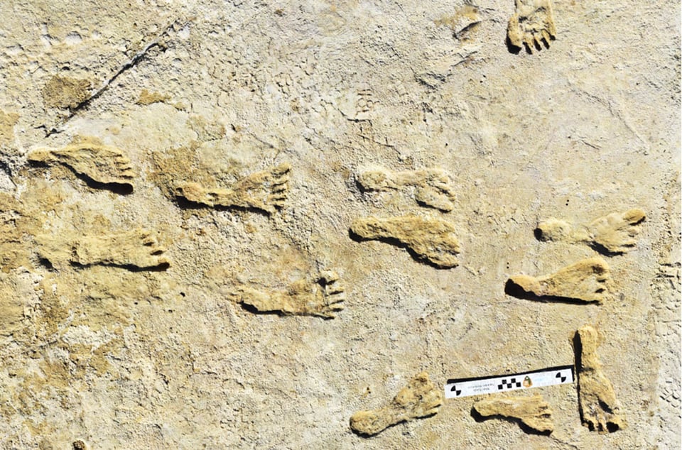 The raised outlines of several footprints in sand.