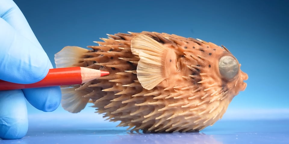 A red pencil points to a puffer fish.