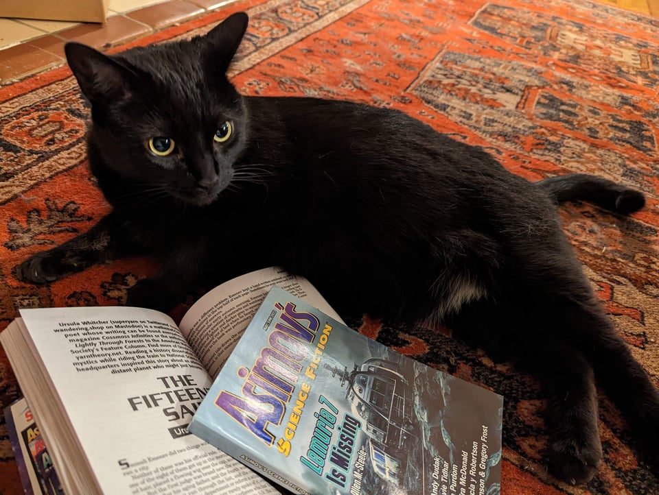 A cat lies on a rug beside two copies of the May/June Asimov's, one open to "The Fifteenth Saint"