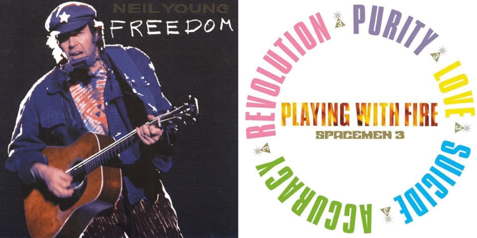 First pic: A color photgraph of Neil Young, a white man in a blue jacket, blue cap with a white star on it, and tie-dyed shirt with a radiation symbol on it. He is singing. He exhibits the most "cranky uncle" energy in the universe. He's playing acoustic guitar and has one of those harmonica holders on his neck. It looks like it was shot in concert. Second pic: On a white background, in the middle, are the words "PLAYING WITH FIRE" and "SPACEMEN 3". "PLAYING WITH FIRE" has within the letters a photo of fire. Around this are five words arranged in a circle: REVOLUTION (pink), PURITY (purple), LOVE (yellow), SUICIDE (blue) and ACCURACY (green). Between each of those words is the Spacemen 3 logo, which is a gold triangle with a "3" in the middle of it, topped with a six-pointed star shape.