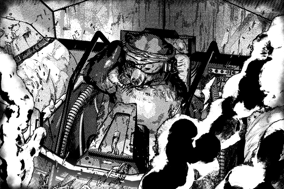 bear in a mobile suit on fire