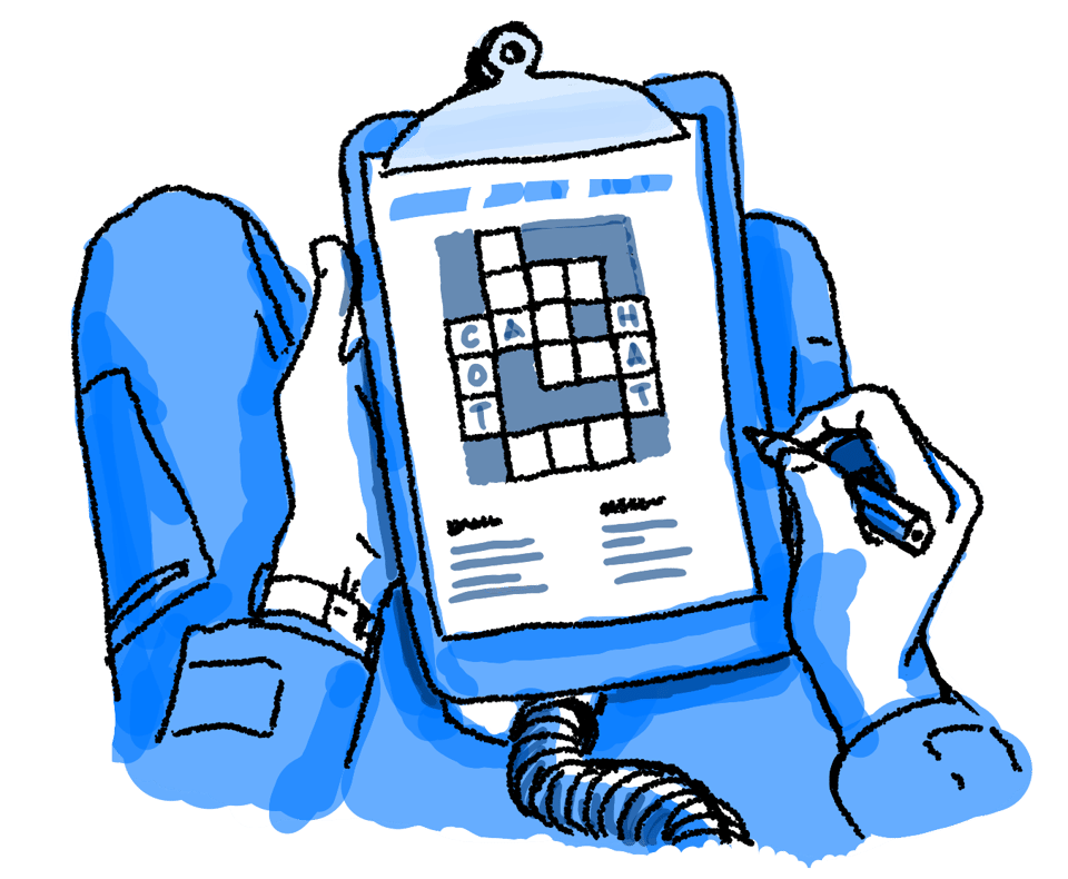 An illustration of a first-person view of a person in a flight suit holding a clipboard in their lap with a crossword puzzle on it. The hose of an oxygen mask dangles between the legs.