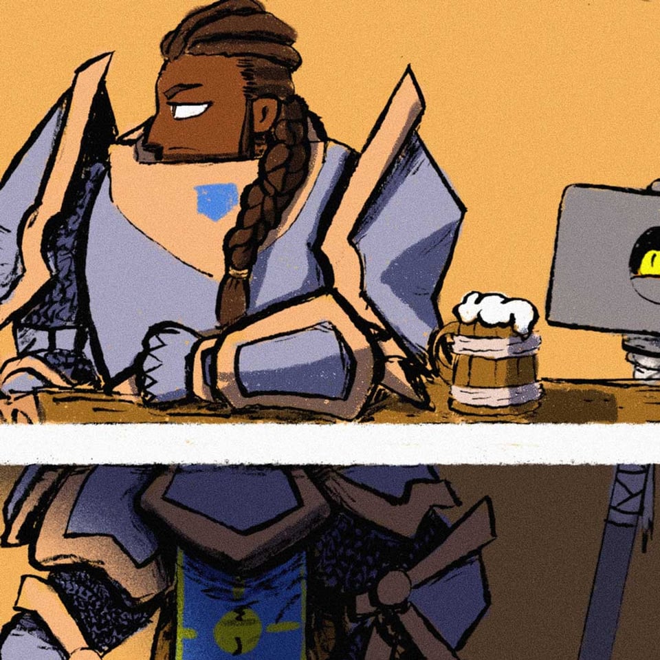 Ser Meghan glaring across the tavern bar. The soul eye in her hammer watches gleefully.