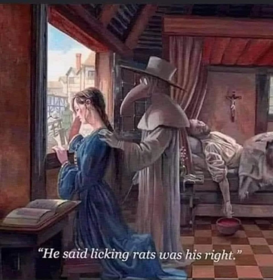 A plague doctor has his hand on a young lady's shoulder who's crying at the window. The caption says