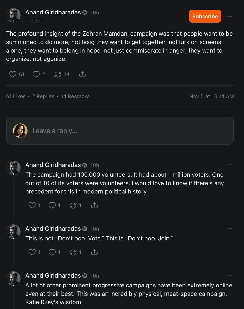 The Substack page (I think) from Anand Giridharadas
