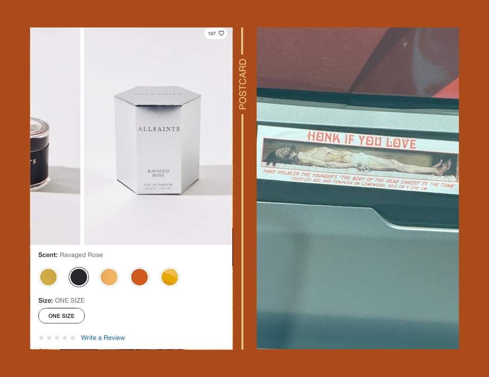 Perfume bottle and bumpersticker