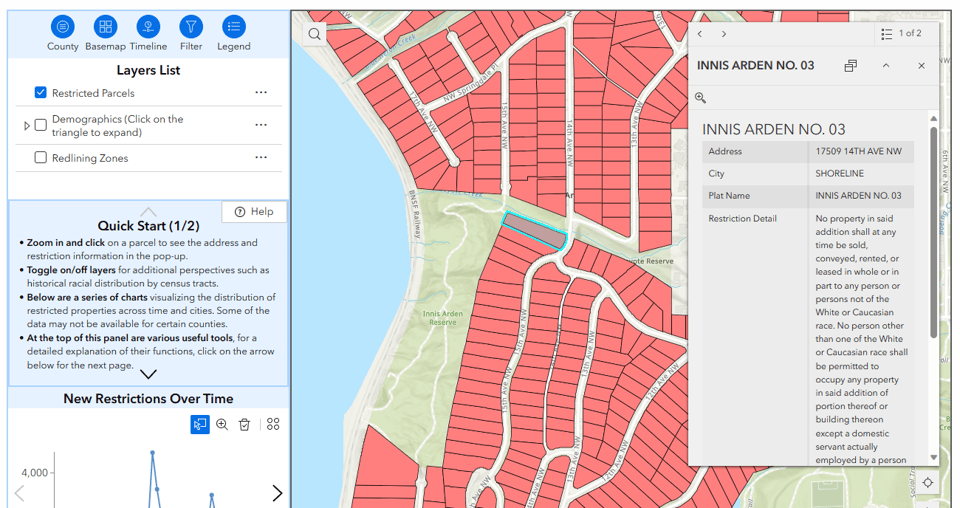 A screenshot of the new map of individual properties with racial restrictions in King County, Washington zoomed into the Shoreline neighborhood of Innis Arden