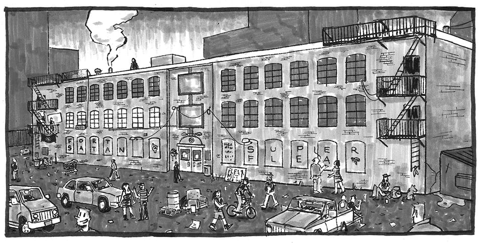 A panel featuring the exterior of Fort Satan, an artist collective inside a warehouse.