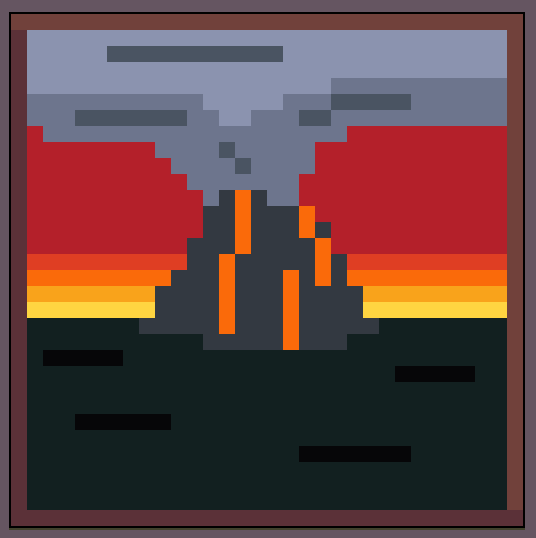 Pixel art of a volcano blowing smoke.