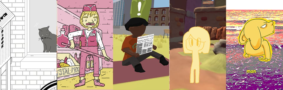 A collection of screenshots from games in Untitled Games Event Edition 7. Snippets show a cat at a window, a man mopping a floor, a picknicker reading a newspaper, a stylized yellow character standing on a road, and a stylized yellow creature standing in the water.