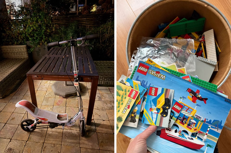 Two photos next to each other - left shows a balance scooter and the right shows a big barrel full of legos from the 80s and 90s.