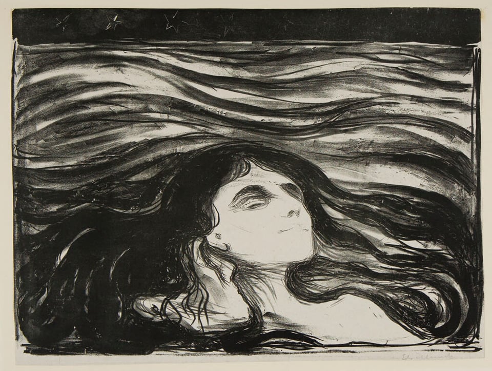 “On the Wave of Love” by Edvard Munch shows a black and white sketch of a woman appearing to float, her hair becoming waves
