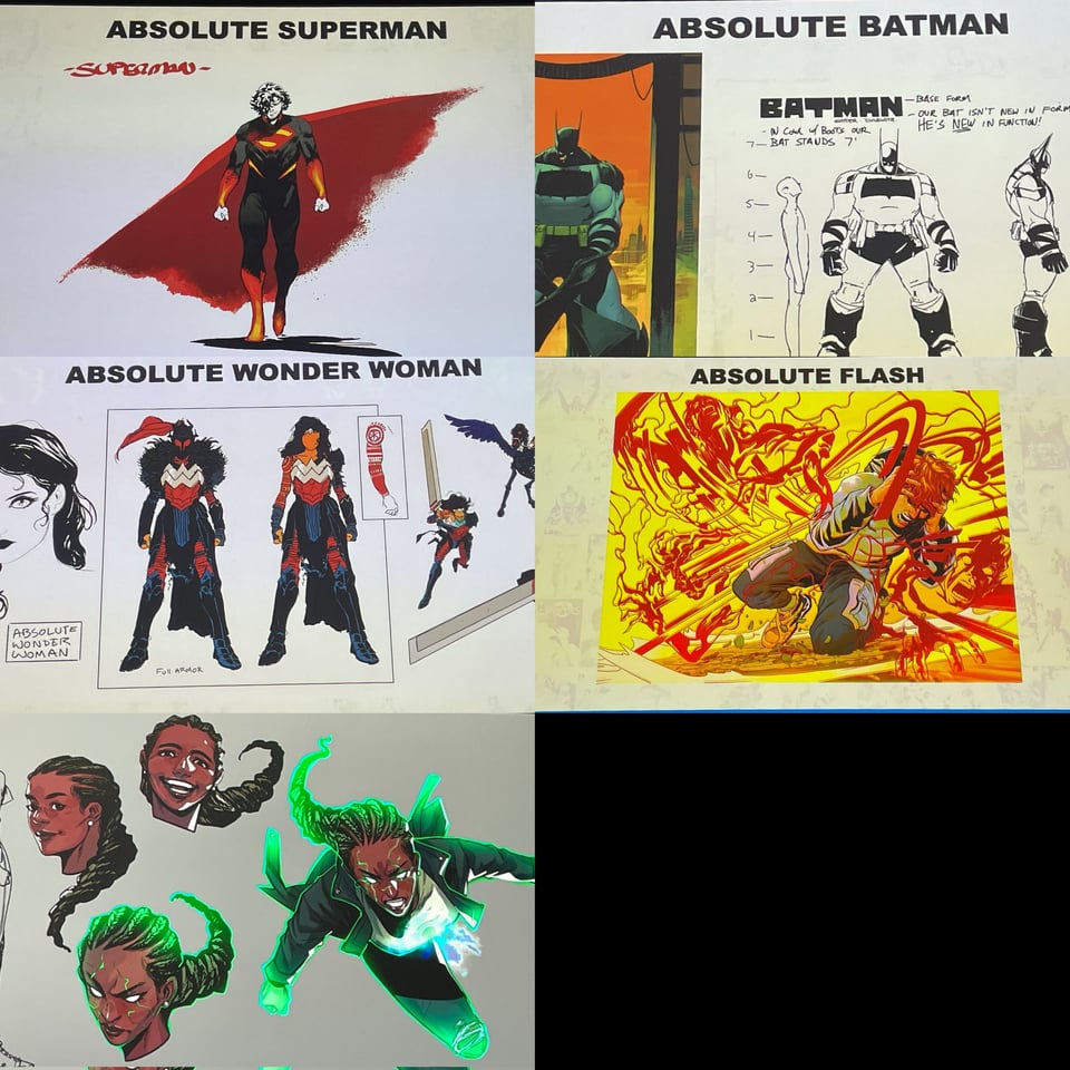 Design art for the Absolute iterations of Superman, Batman, Wonder Woman, Flash, and Green Lantern.