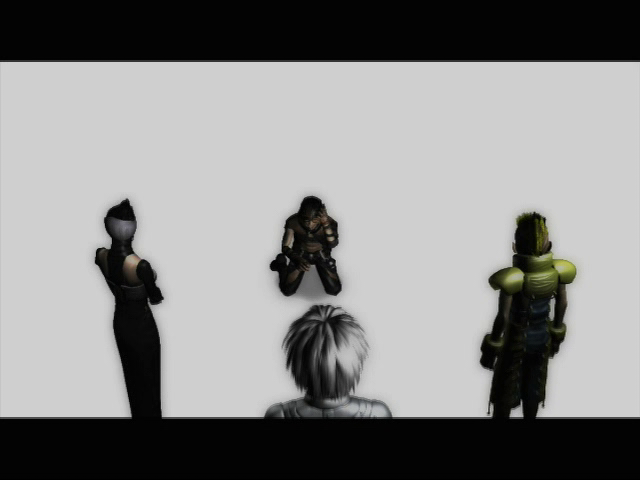 Four figures in a white room