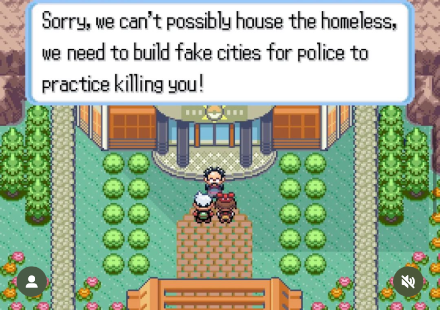 A screenshot from a Pokemon game, showing two characters talking to someone outside a gym. Text reads: