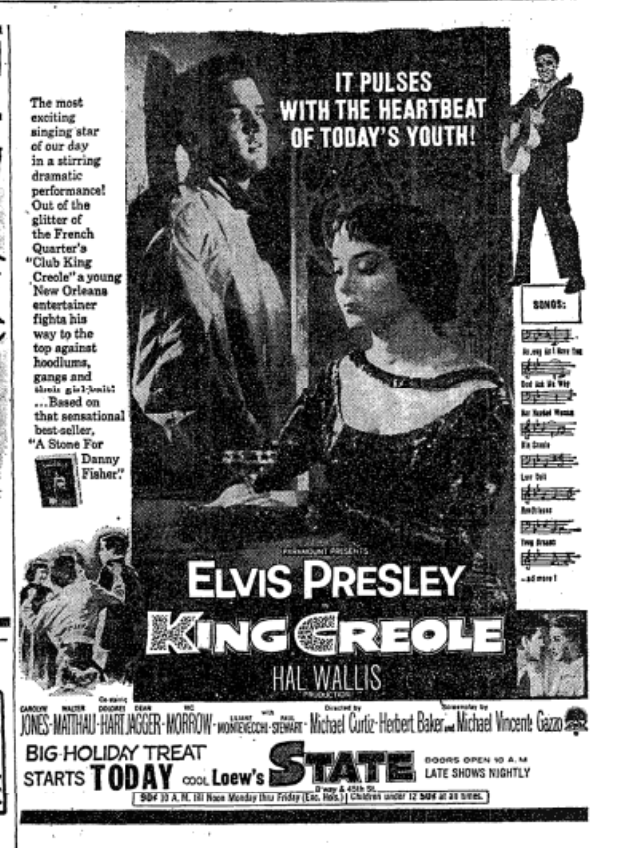 New York Times ad for "King Creole."