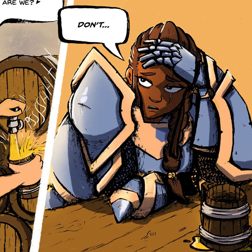 Ser Meghan leans over a bar, face in hands muttering "Don't".