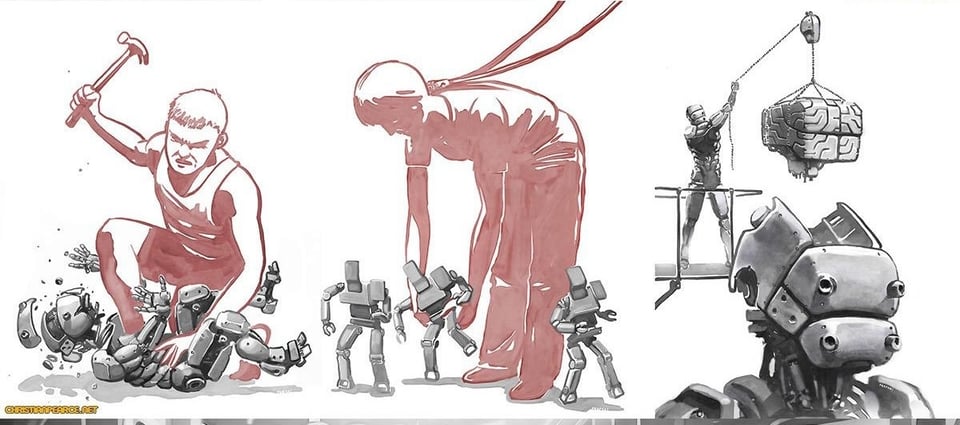 A man smashing a robot child with a hammer. A gender ambiguous person trying to catch tiny robots running away. A human lowering a square brain into the vacant head of a giant robot