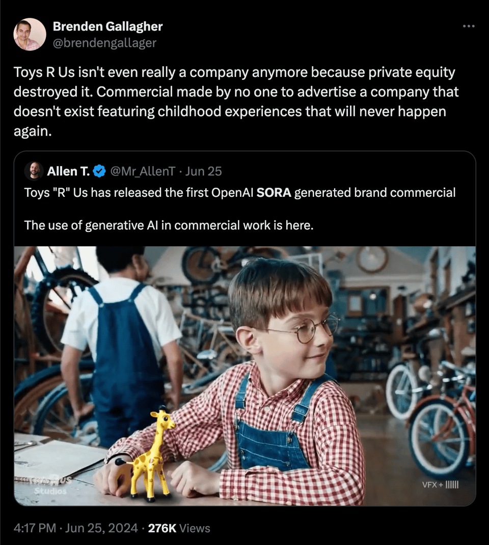 Screenshot of tweet that says “Toys R Us isn't even really a company anymore because private equity destroyed it. Commercial made by no one to advertise a company that doesn't exist featuring childhood experiences that will never happen again.”