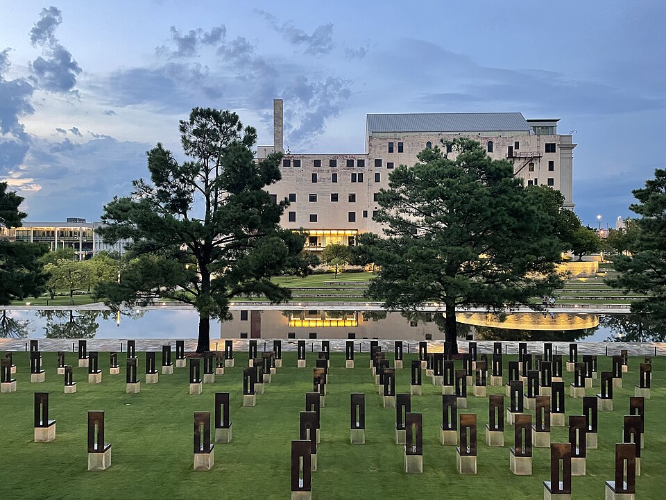 Field of empty chairs at the Oklahoma City National Memorial — each chair representing one of the 168 people killed in the April 19, 1995 bombing