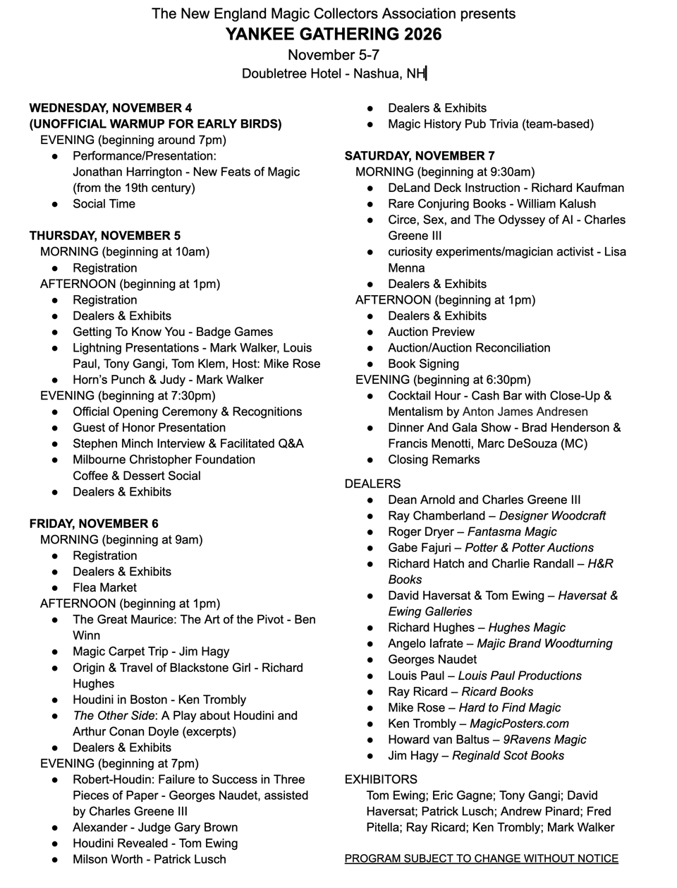 Yankee Gathering Schedule