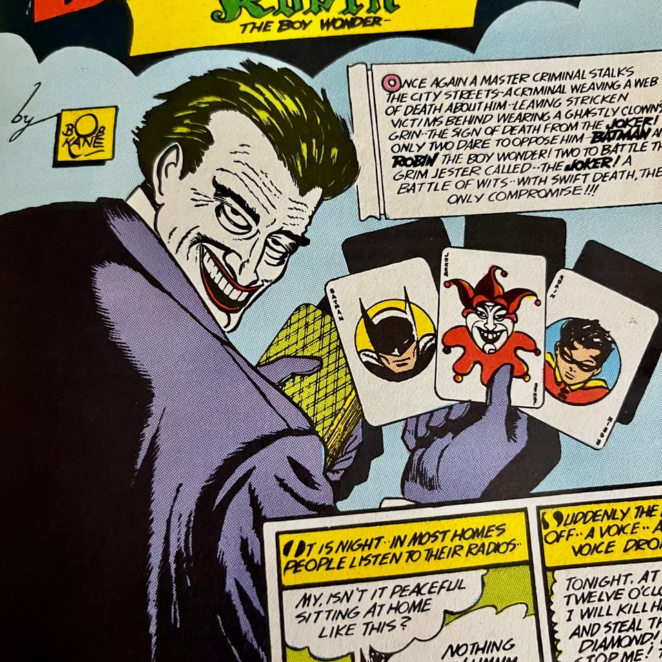 an image of the Joker, the comic book supervillain, from a 1940 issue of the Batman comic book