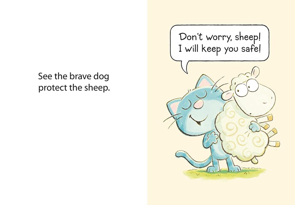 Page from a children's book. Image: a blue cartoon cat holds a skeptical sheep. Text: Narrator: